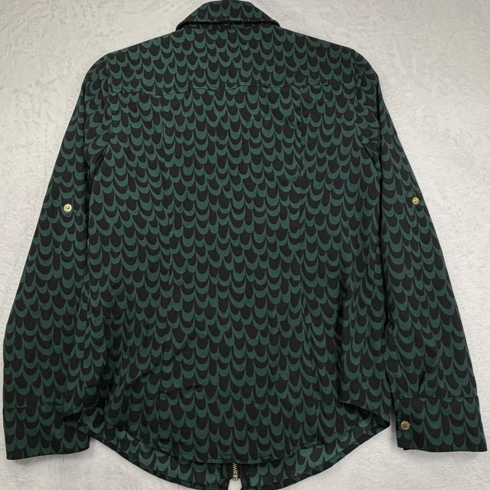 Michael Kors Green Leopard Print zip front blouse top gold locket zip Small